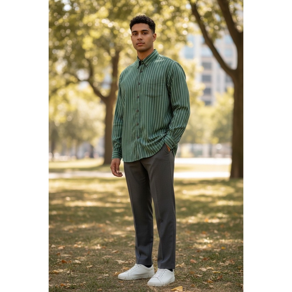 Mens Striped Button Down Shirt Green White Blue Casual Long‎ Sleeve